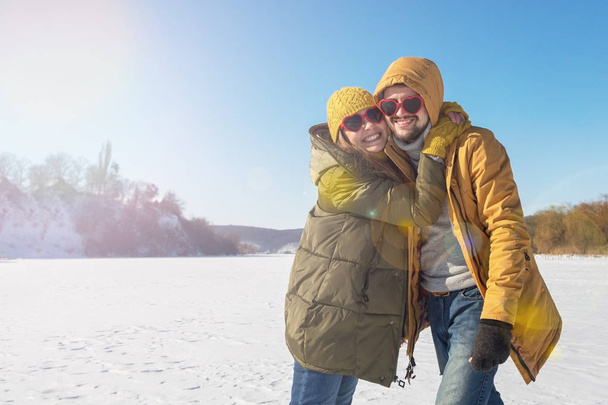 Couple in love on a winter sunny day. Top wiev. - Photo, Image