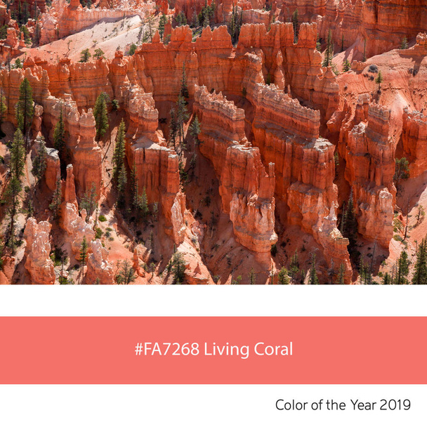 Bryce Canyon comme exemple de la couleur tendance de l'année 2019, Living Coral, avec le code hexadécimal couleur correspondant
.  - Photo, image
