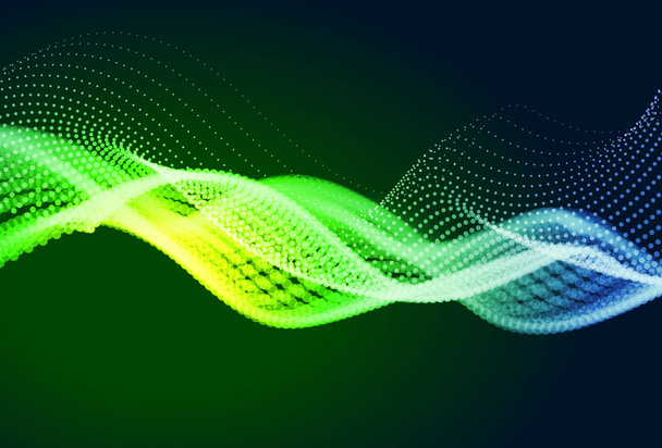 抽象的なカラフルなデジタル風景流れる粒子。サイバーや技術の背景。緑、黄、青の色. - ベクター画像