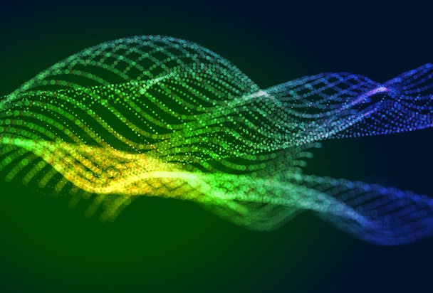 Paysage numérique abstrait coloré avec des particules fluides. Contexte cybernétique ou technologique. Vert, jaune, bleu
. - Vecteur, image