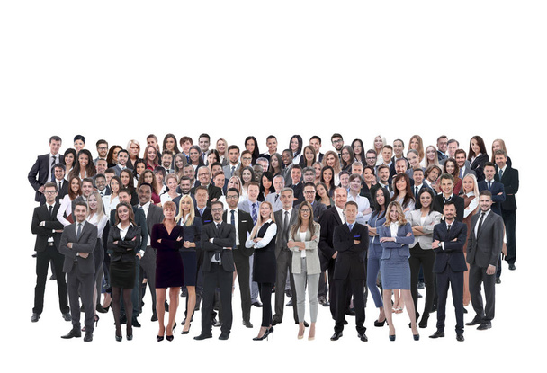 Equipe de negócios formada por jovens empresários e mulheres de negócios em pé sobre um fundo branco
 - Foto, Imagem