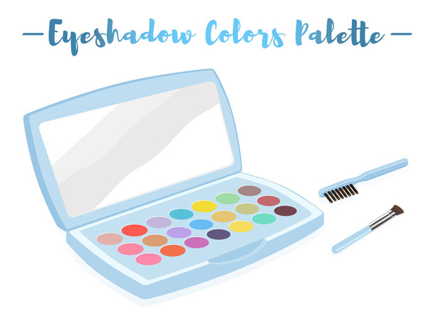 Ilustración vectorial azul de un utensilio de belleza sombra de ojos colores paleta de la caja con un espejo y cepillos
. - Vector, Imagen