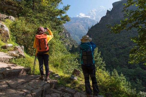 Sırt çantası ve trekking kutup ile güzel dağ önünde duran iki genç trekking kadınların güzel bir sahne. - Fotoğraf, Görsel