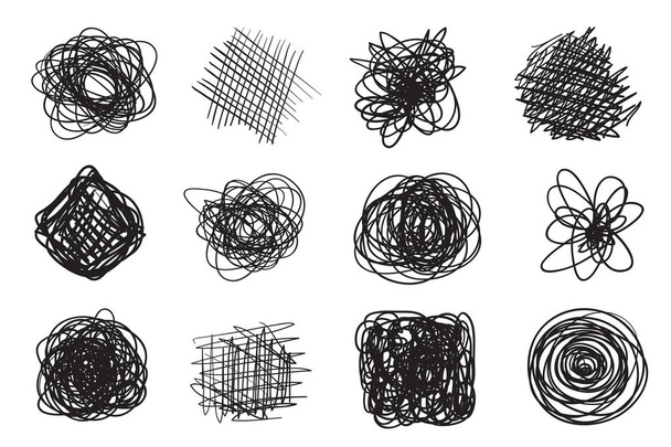 Tangled shapes on white. Chaos pattern. Scribble sketch. Background with array of lines. Intricate chaotic texture. Art creation. Black and white illustration. Doodles for posters and flyers - Vector, Image