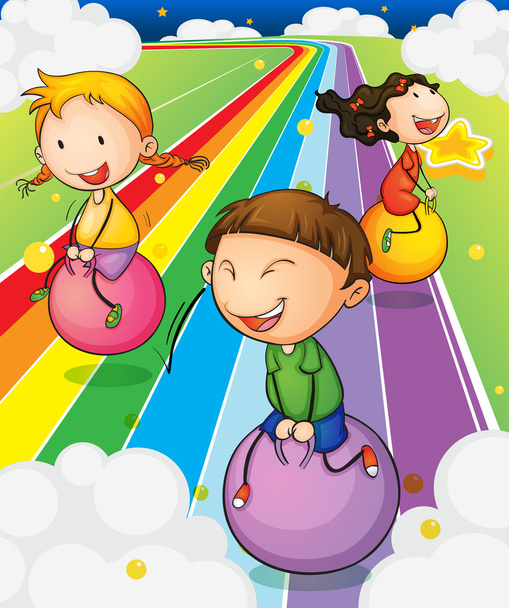 Três crianças brincando com as bolas saltitantes na estrada colorida
 - Vetor, Imagem