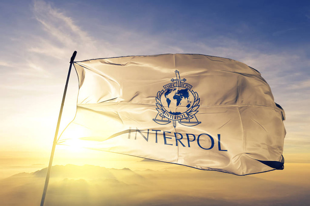 International Criminal Police Organization INTERPOL flag textile cloth fabric waving on the top sunrise mist fog - Foto, Imagen
