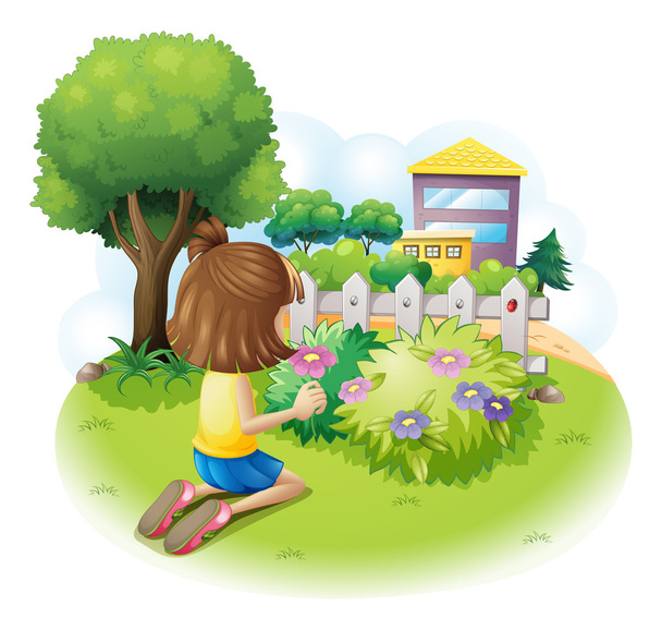dziewczyna zbierając kwiaty - Wektor, obraz