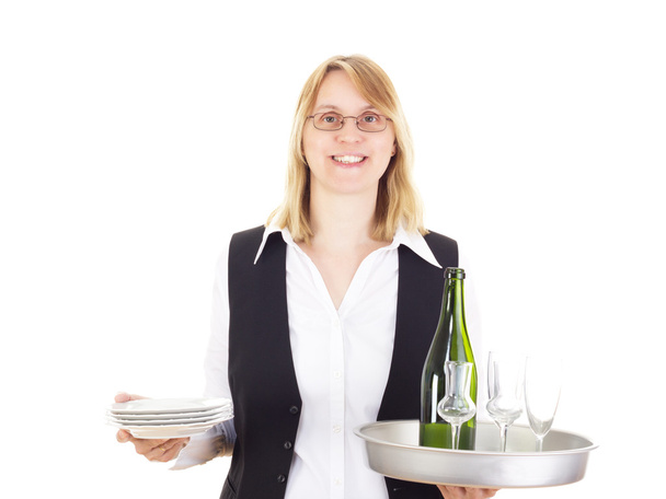 Официантка с подносом и тарелками
 - Фото, изображение