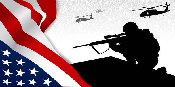 Military illustration. Sniper silhouette follows for tatget. - Vector, Image