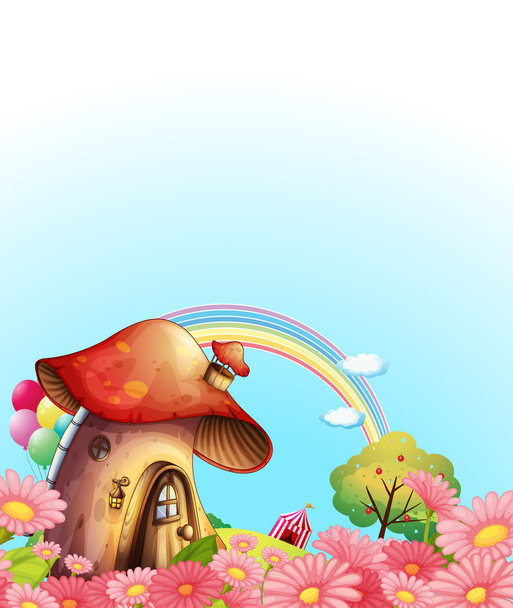 Uma casa de cogumelos acima da colina com um jardim
 - Vetor, Imagem