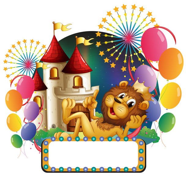 βασιλιάς λιοντάρι που βρίσκεται μπροστά από ένα κάστρο με μπαλόνια και firewor - Διάνυσμα, εικόνα