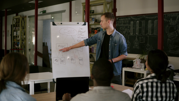 Caucasian young coach gives presentation for businesspeople working with flipchart, diverse multiracial team sitting in modern workplace listening to speaker presenting new project in office - Footage, Video