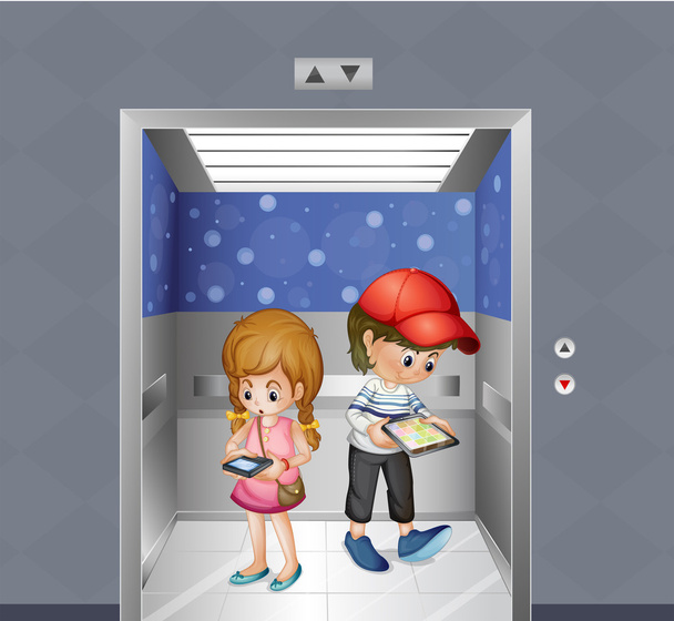 Двоє дітей тримають гаджети всередині ліфта
 - Вектор, зображення