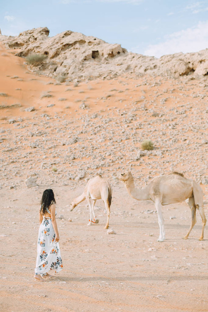 jovem mulher indiana em vestido longo branco andando no deserto
 - Foto, Imagem