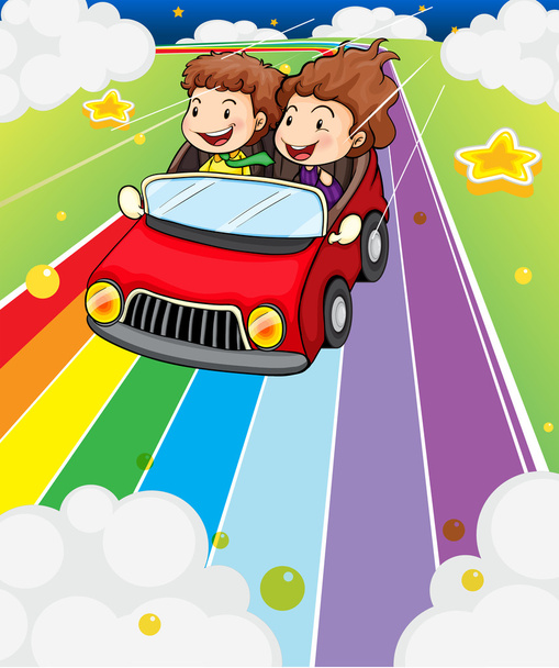 Двое детей едут в красной машине
 - Вектор,изображение