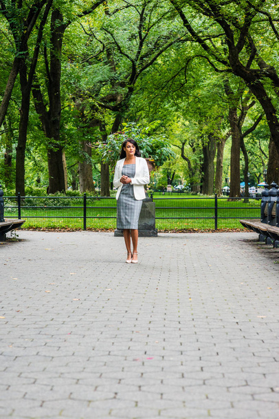 Businesswoman Street Fashion. Young Beautiful American Woman traveling in New York, wearing gray patterned off shoulder dress, white coat, light color shoes, walking under green trees at Central Park. - Foto, afbeelding