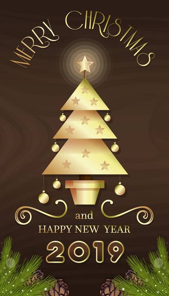 Yeni yıl 2019 için Noel ağacı ile dikey banner. Mutlu Noeller ve mutlu yeni yıl. Vektör çizim - Vektör, Görsel