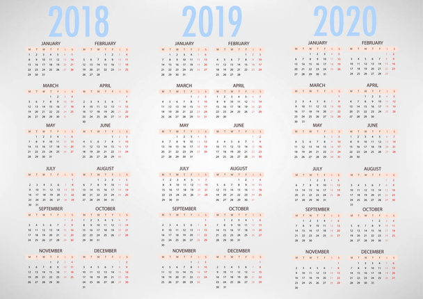 Календарь на 2018-2020 годы на сером фоне. Начинается в понедельник. Простой векторный шаблон
 - Вектор,изображение