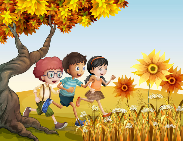 kinderen lopen op de heuvel met zonnebloemen - Vector, afbeelding
