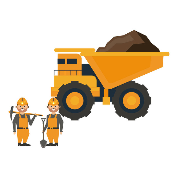 Minería camión grande y trabajadores con herramientas
 - Vector, imagen