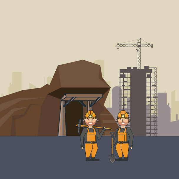 Cueva minera y trabajadores con herramientas
 - Vector, imagen