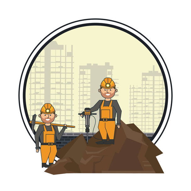 Mining workers with drill and pick - Vector, Image