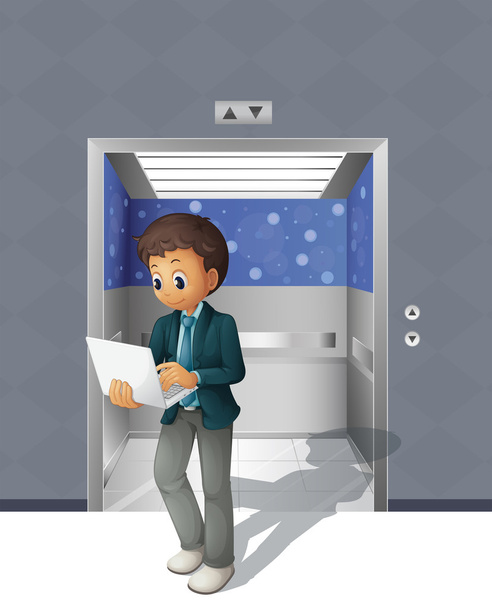 A man with a laptop going out from the elevator - Vector, Image