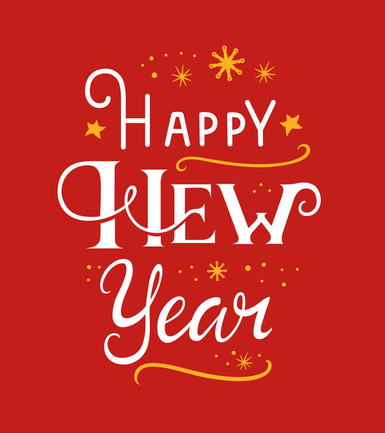 New year poster. Vector illustrations in a gift shape with snowflakes and stars. Lettering designs for cards banners or t-shirt on a red background. Calligraphic hand drawn font - Wektor, obraz