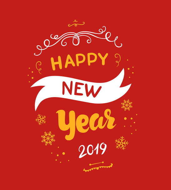 New year 2019 poster. Vector illustrations in a gift shape with snowflakes and curls. Lettering designs for cards banners or t-shirt on a red background. Calligraphic hand drawn font - Vector, Image