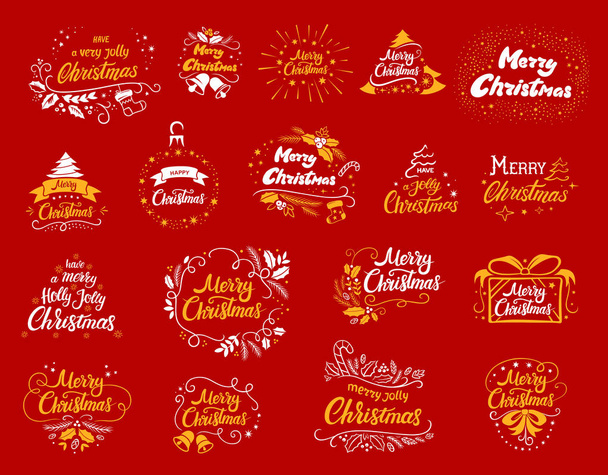 Set de diseños de letras navideñas. Ilustraciones vectoriales en blanco y amarillo para carteles camiseta o postal sobre fondo rojo. Calligraphic hand drawn fuente
 - Vector, imagen