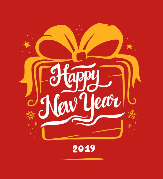 Új év 2019 kártya. Vektor illusztrációk egy ajándék alakú íj és fürtök. Betűkkel minták plakátok bannerek vagy póló piros háttérre. Kalligrafikus kézzel rajzolt betűtípus - Vektor, kép