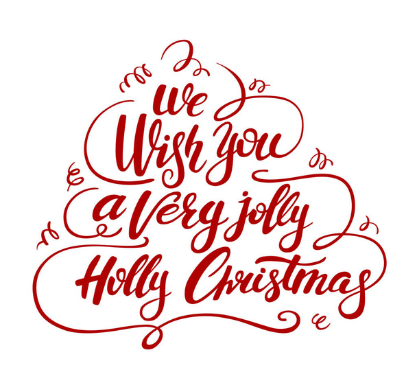Christmas greeting card with lettering. Red vector inscription for banners or card or other kind of design. Calligraphic hand drawn font composition in the shape of a Christmas tree - Vector, Image