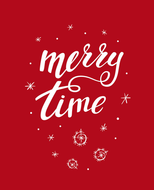 Merry time Christmas greeting card with lettering. White vector inscription for banners or card or other kind of design on a red background. Calligraphic hand drawn font composition - Vector, Image