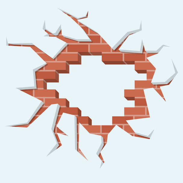 Hole in wall. Destroyed brick, cracked cement - Vector, Imagen