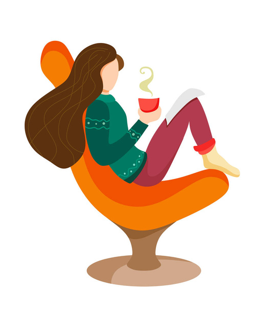 Una chica con el pelo largo y una taza de bebida caliente en la mano lee la historia en la silla. Ilustración de una caricatura de estilo plano sobre un fondo blanco
 - Vector, imagen