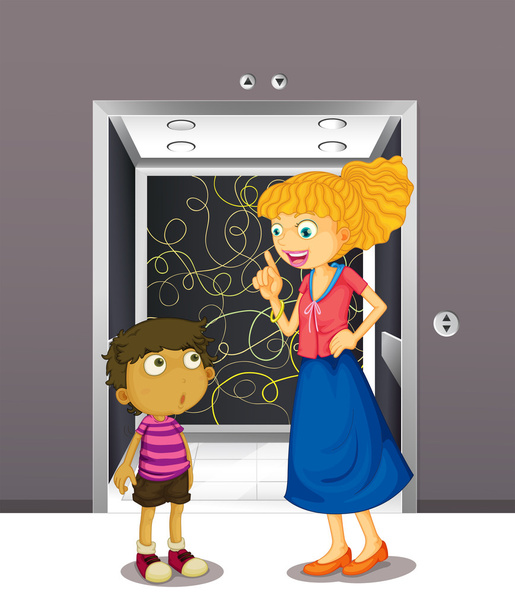 A mother and his son at the elevator - Vector, Image