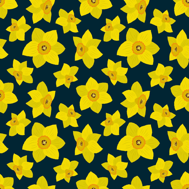 nahtloses Muster mit gelben Narzissen auf dunkelblauem Hintergrund. Floraler Hintergrund. Vektorillustration. - Vektor, Bild