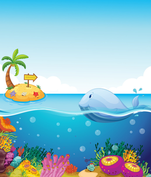 A fish looking at the island with an arrow - Vector, Image