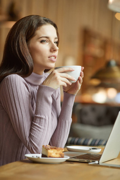 Beautiful brunette using laptop in cafe. Blogger work concept - Foto, Imagem