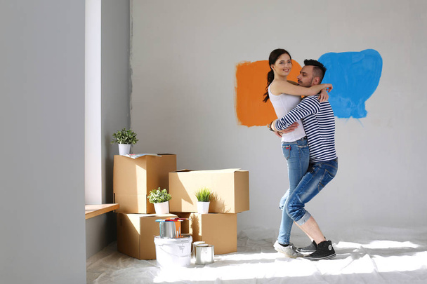 Happy young couple moving in new house. young couple - 写真・画像