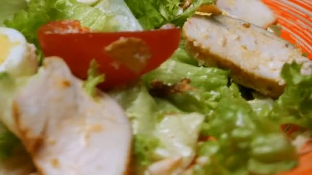 Caesar-Salat auf rotem Teller. Caesar Salat besteht aus gebratener Hühnerbrust, Eisbergsalat, Tomaten, Parmesan. beliebtes Gericht der europäischen Küche und der Küchen anderer Länder der Welt. - Filmmaterial, Video