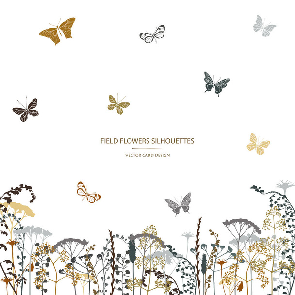 Vector silhouettes collection. Set of field flowers, herb and butterflies. Card design. Label design. - Vector, Image