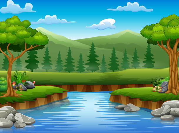 River cartoons in the middle beautiful natural scenery - Vector, Image