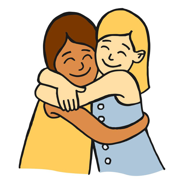 Kreslený styl vektorové ilustrace dva mladé dívky přátelé objímání a usmívá se, představující koncept přátelství - Vektor, obrázek