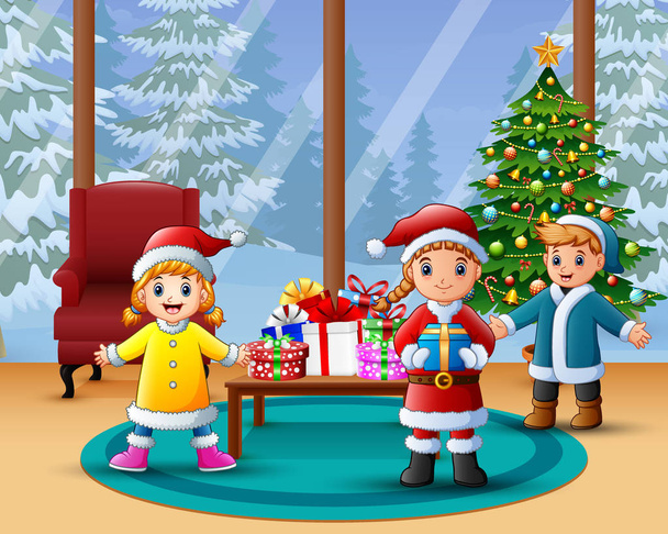 Happy kids celebrate a christmas in the home
 - Вектор,изображение