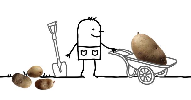 Sarjakuva mies puutarhassa ja iso peruna Wheelbarrow
 - Valokuva, kuva