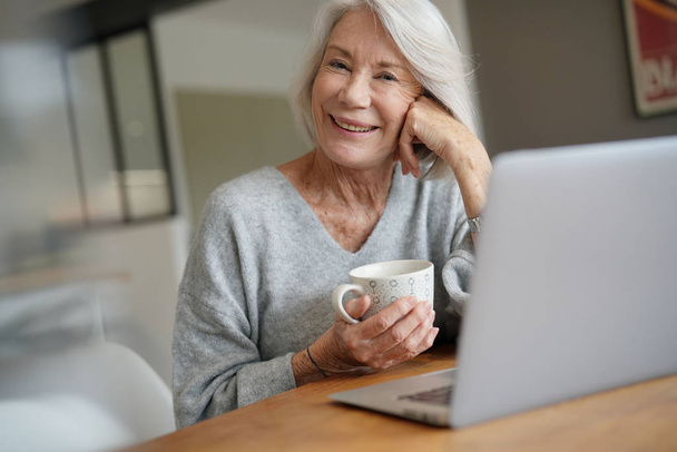  Elderly woman at home with computer                               - Φωτογραφία, εικόνα
