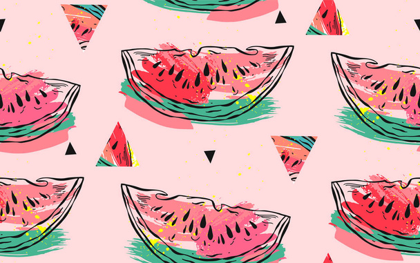 Hand drawn vector abstract collage seamless pattern with watermelon motif,triangle hipster shapes and artistic freehand textures isolated on pink pastel background - Vecteur, image
