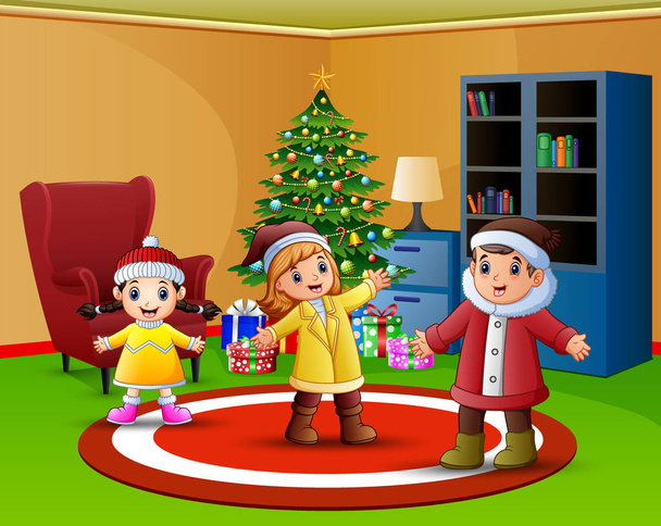 Cartone animato di bambini felici in soggiorno con albero di Natale
 - Vettoriali, immagini