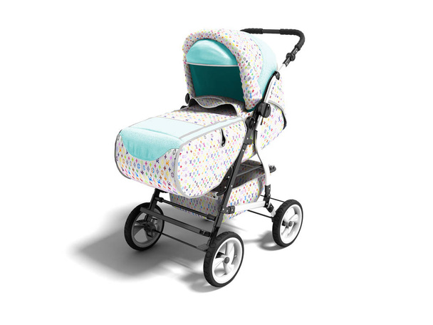 VIP-baby wandelwagen met blauwe accenten 3d render op een witte achtergrond met schaduw - Foto, afbeelding